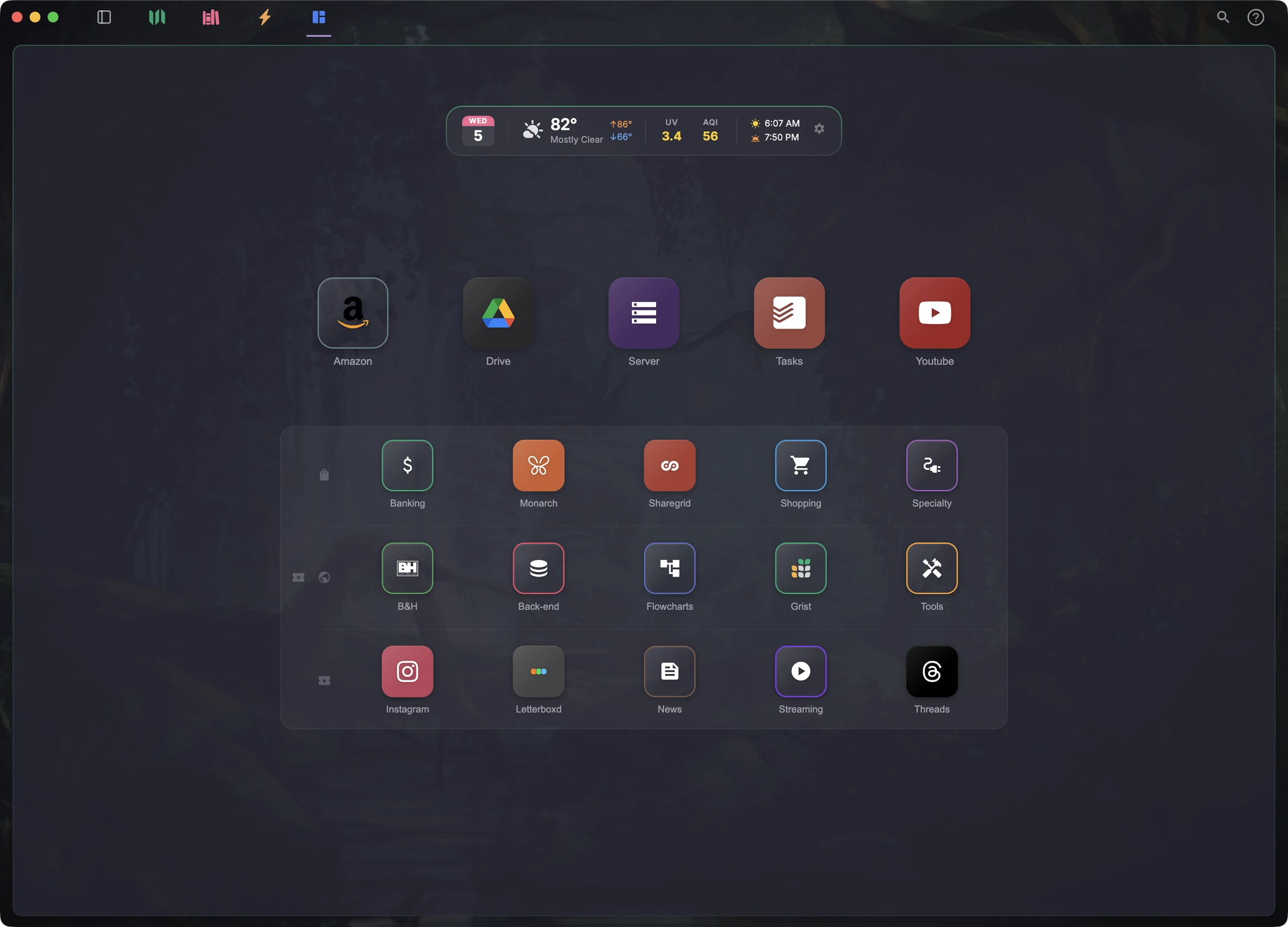 The KeyDeck dashboard: a weather strip above grids of app and site tiles.