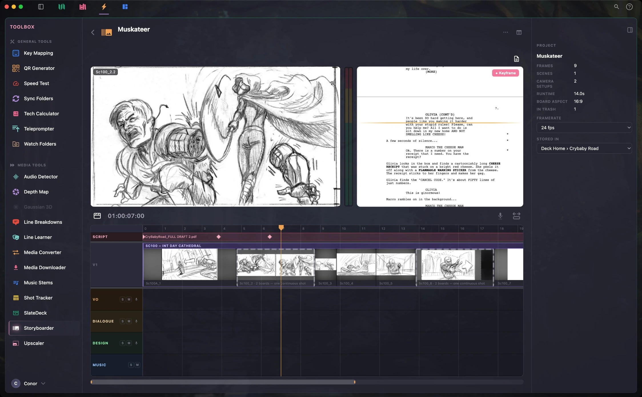 The Storyboarder tool in KeyDeck: a sketched frame beside the script, over a timeline of boards with VO, dialogue, design, and music tracks.