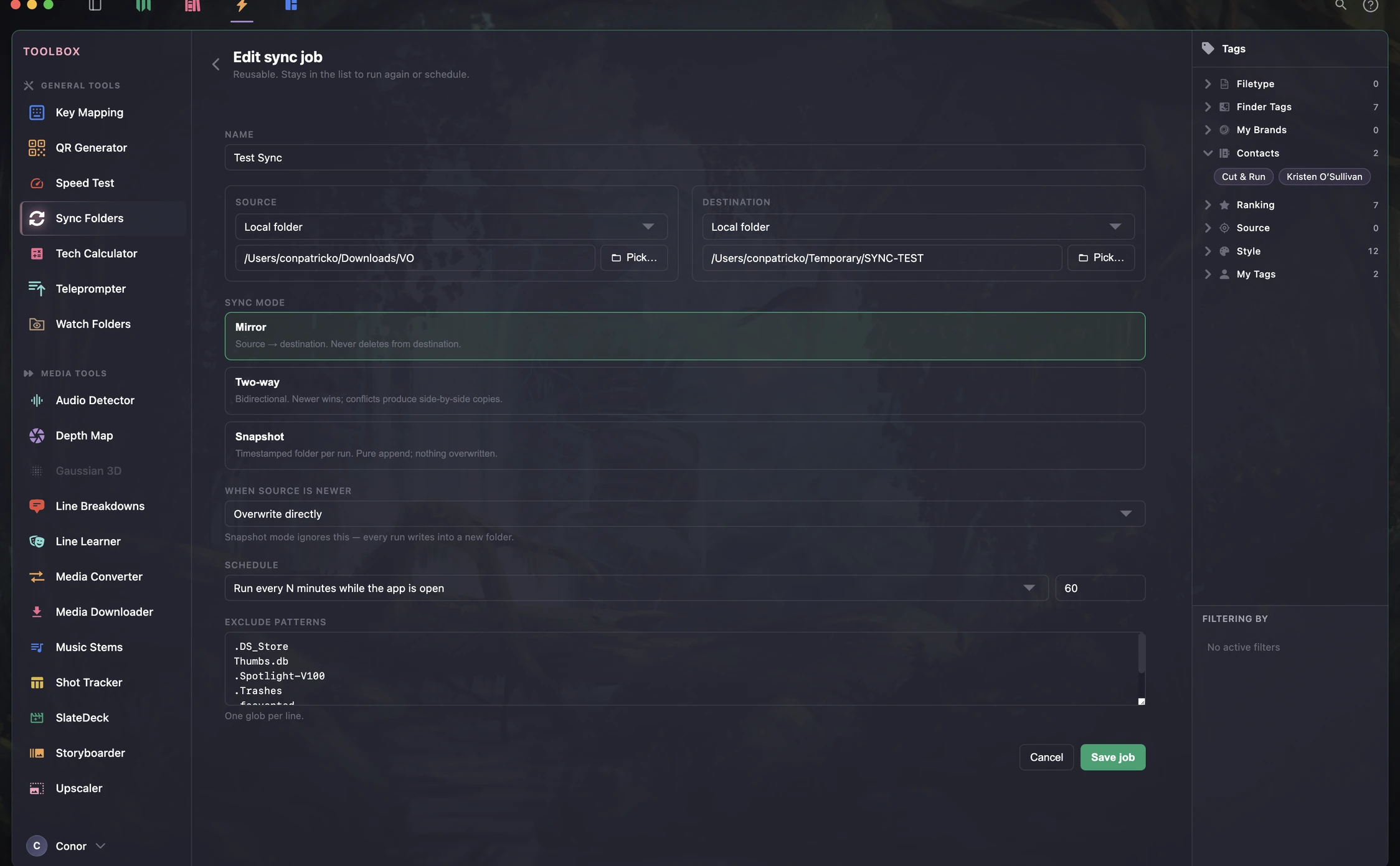 The Sync Folders tool: a saved job with a source and destination folder, three sync modes, a schedule, and a list of exclude patterns.