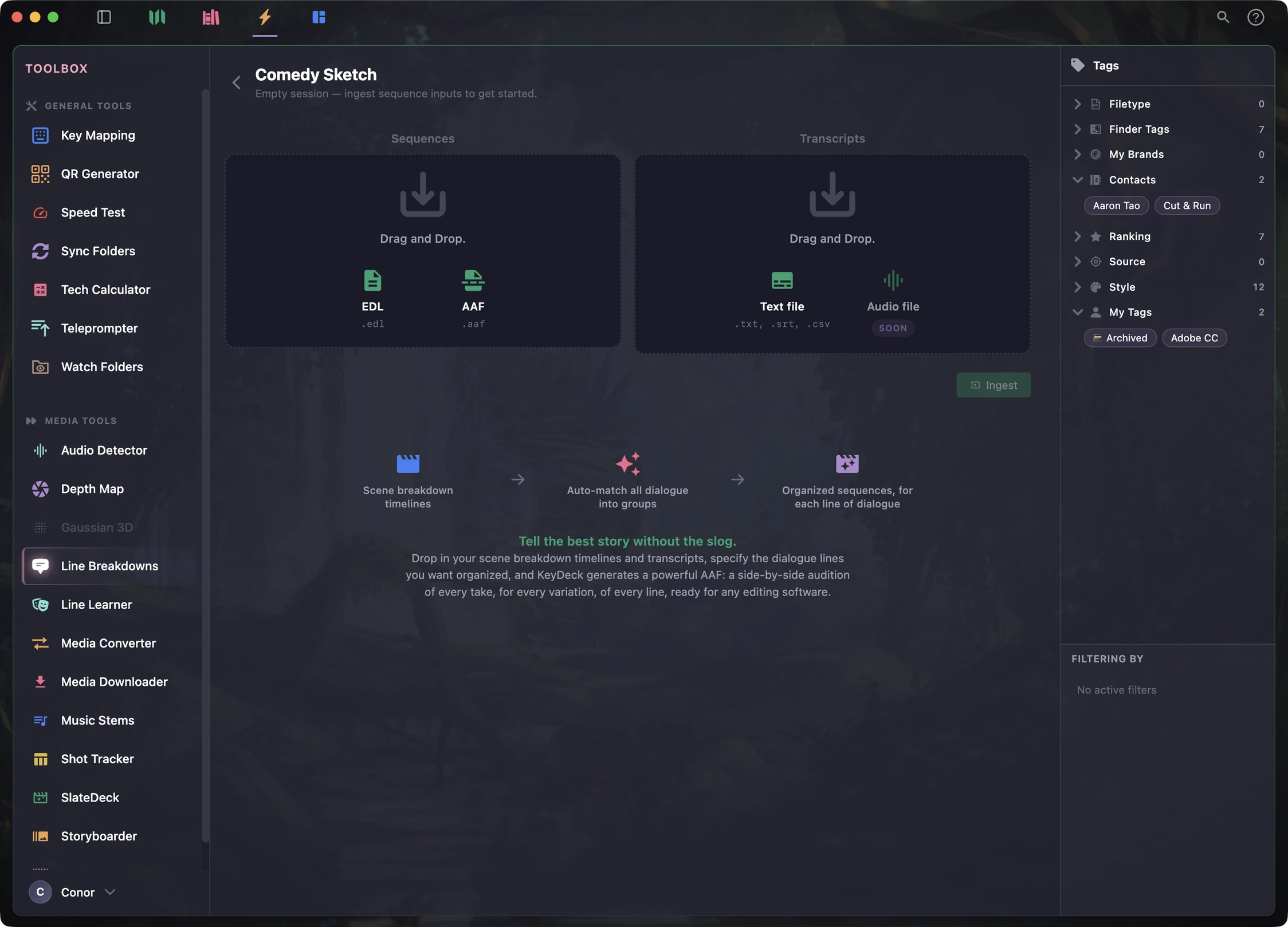 The KeyDeck toolbox running Line Breakdowns, with drop zones for sequences and transcripts.