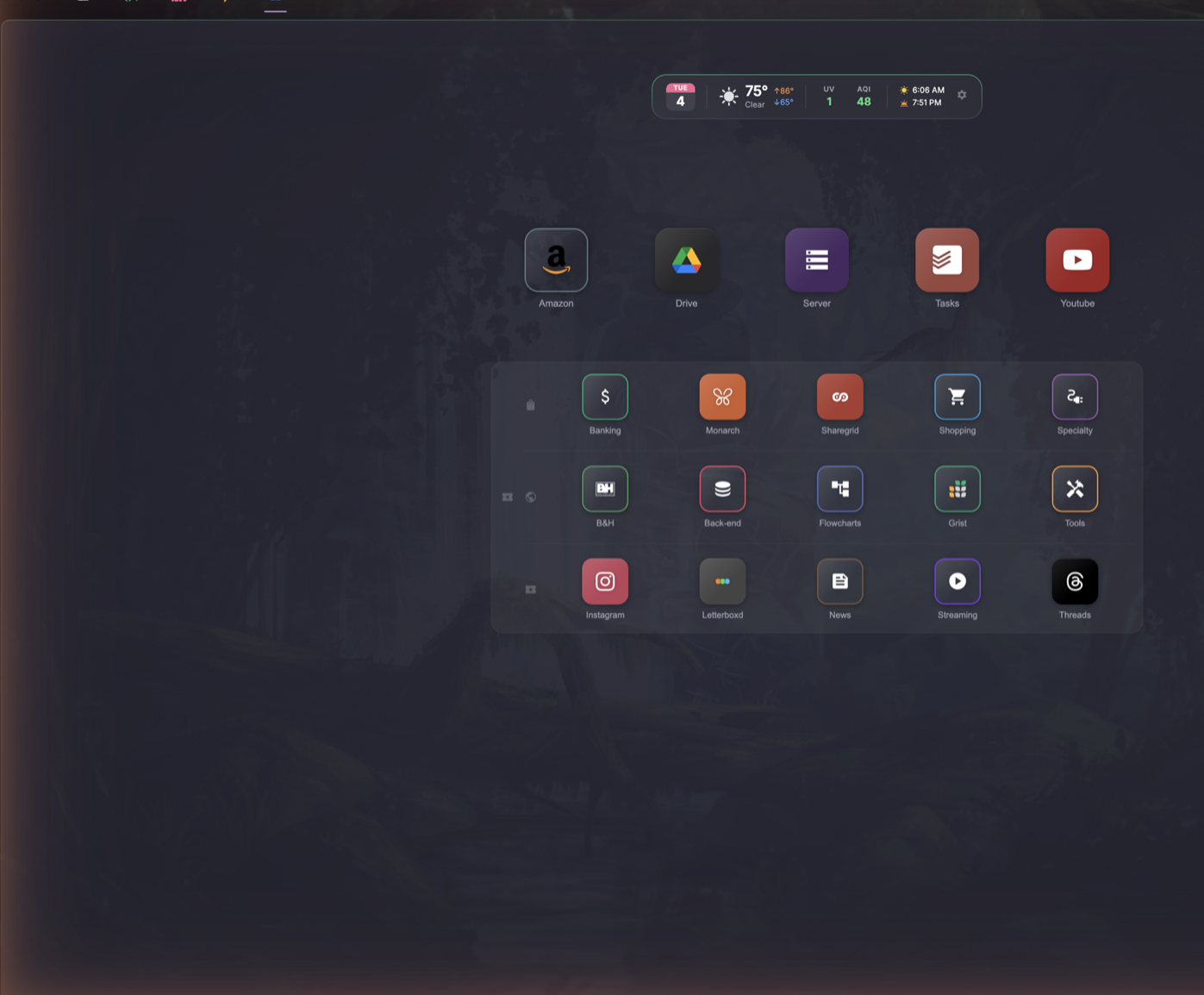 The KeyDeck dashboard, with a weather strip and grids of app tiles.