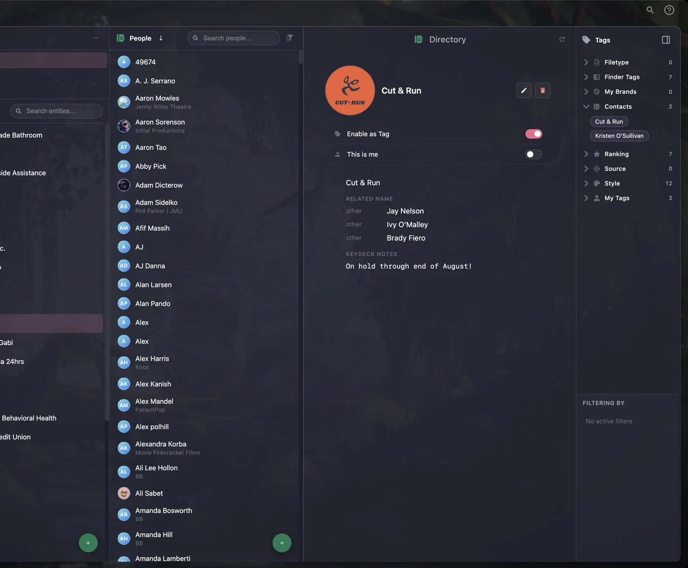 The Directory: a contact record with Enable as Tag switched on, and the same contact showing in the tag rail.